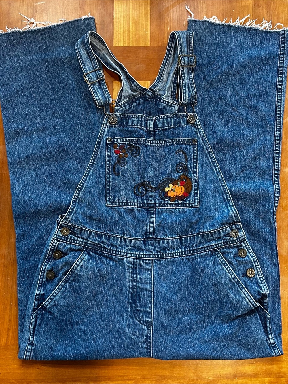VTG 90s Denim Overalls Pumpkin Fall Embroidery Sz S